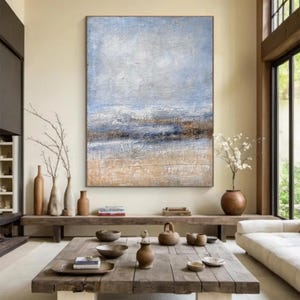 Arte mural Wabi Sabi, pintura abstracta beige, arte mural abstracto azul neutro, pintura con textura azul, arte mural con textura beige grande, arte mural bohemio.