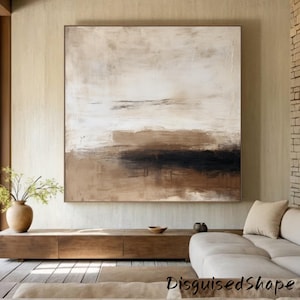 Beige and Black Abstract Painting on Canvas Wabi Sabi Wall Art Brown Textured Art Black and Beige Minimalist Painting Neutral Beige Painting
