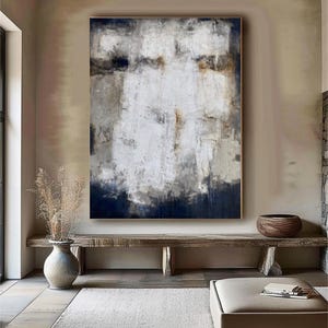 Arte de pared abstracto azul, pintura texturizada gris y azul sobre lienzo, arte de pared Wabi Sabi, pintura abstracta bohemia, arte de pared con textura moderna grande