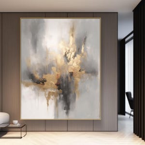 Large Original Beige Gold Grey abstract Painting For Living Room Contemporary Paintings, Grey Gold foil Painting, Oversized Scandinavian Art