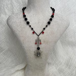 Gothic Spider Cross Necklace: Black Onyx Rosary Choker