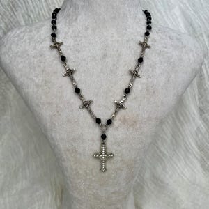 Crystal Cross Rosary Necklace: Gothic Black Beaded Choker