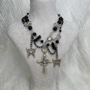 Gothic Rosary Choker: Black Crystal Beads, Cross & Butterfly Charms