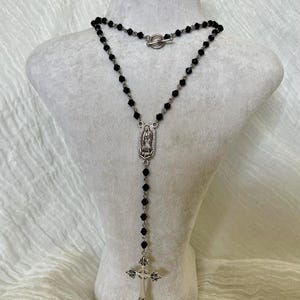 Virgin Mary Rosary Necklace: Crystal Beads, Gothic Cross Pendant