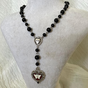 Gothic Rosary Necklace: Black Glass Beads, Butterfly Pendant