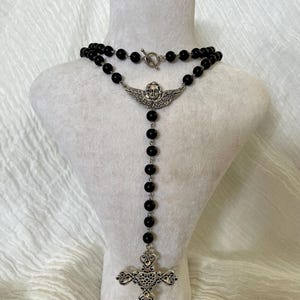 Black Onyx Gothic Rosary Necklace: Angel Connector, Large Cross Pendant