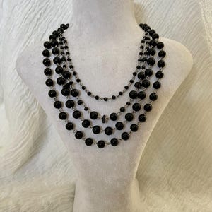 Black Onyx Rosary Necklace – Gothic Multi-Strand Beaded Choker – Dark Alternative Layered Jewelry