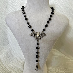 Gothic Bat Rosary Necklace: Black Glass Beads, Vampirecore Jewelry