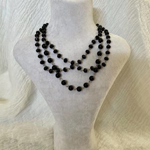 Black Glass Crystal & Glass Pearl Multi-Strand Rosary Necklace – Gothic Statement or Wedding Guest Jewelry