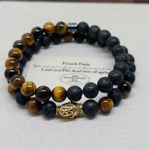 8mmMens Bracelet, Tiger Eye Black Lava Stone Bead Bracelet, Handmade Custom Bracelet, Healing Crystal Bracelet Mens Stretch Bracelet, Gifts