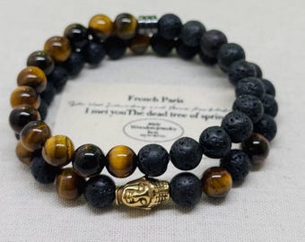 Bracelet Perles Oeil De Tigre Et Dragons - Fait Main, Taille Sur Mesure - Neuf Sans Emballage
