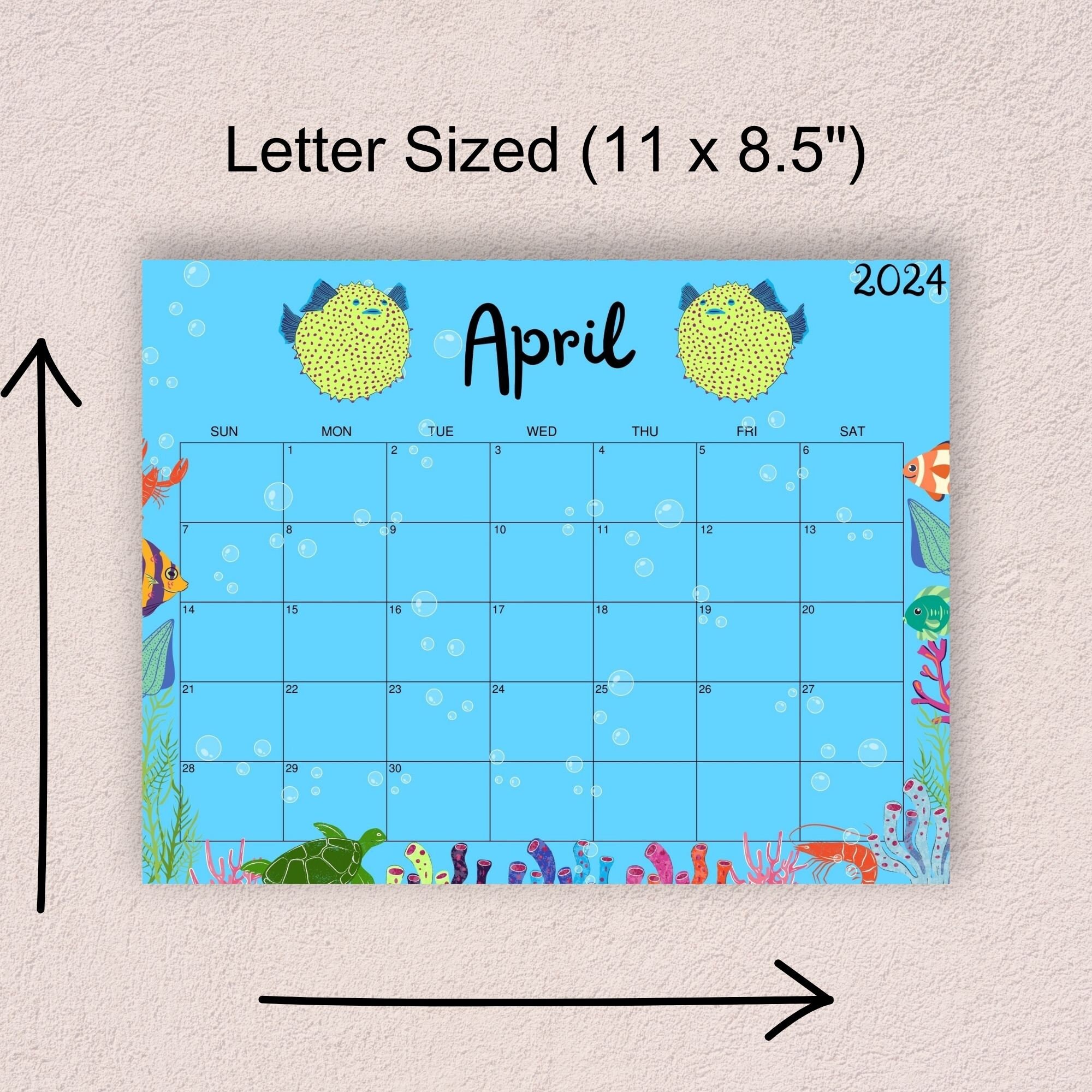 Under the Sea Printable Calendar 2024, Kids Calendar, Fun Calendar