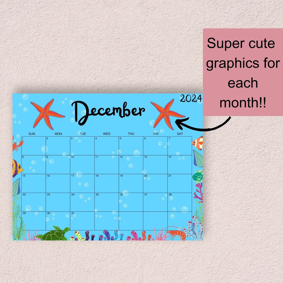 Under the Sea Printable Calendar 2024, Kids Calendar, Fun Calendar ...