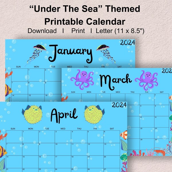 Under the Sea Printable Calendar 2024, Kids Calendar, Fun Calendar, Classroom Calendar, 2024 Calendar, Chore calendar, Illustrated Cal