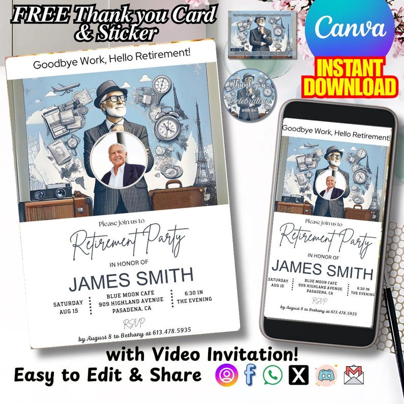 Video Retirement Invitation Card, Editable Template DIY Party Favors