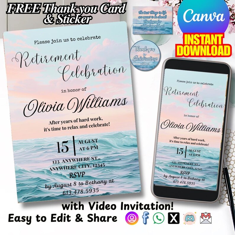 Beach Ocean Retirement Invitation Video Editable Template DIY Party