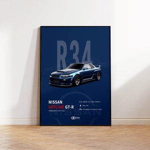 Nissan Skyline GT-R R34, Fine Art Poster, Car Print, Supercar Wall Decor, Home Office Art, Boys Room, Sports Car, Race Car Wall Art, Car Art