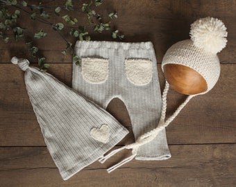 Gray Newborn Pants and Hat Set: Baby Photo Prop