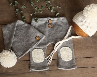 Gray Newborn Photo Prop Set: Boy Pants, Romper, and Hat