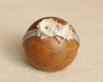 Taupe Floral Newborn Tieback Headband: Pastel Photo Prop
