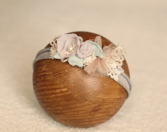 Taupe Floral Newborn Tieback Headband: Baby Girl Photo Prop