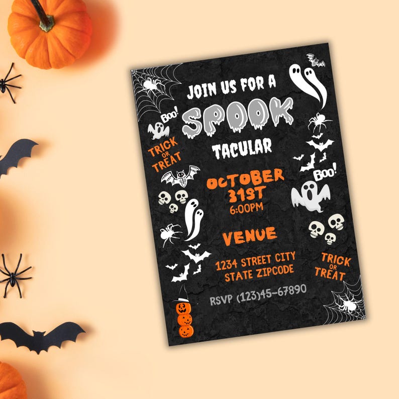 May include: A Halloween-themed invitation on a black background with white and orange graphics. The text reads "Join us for a Spooktacular" with details for October 31st. Decorative elements include bats, spiders, and ghosts.