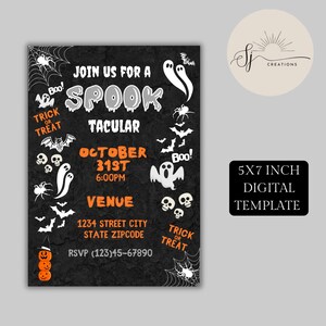 May include: A Halloween-themed digital template with a black background. The design includes white ghosts, bats, spiders, and the words "Join Us For A Spooktacular" in a spooky font. The template is 5x7 inches.