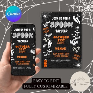 May include: A Halloween-themed invitation design with the words "Join us for a Spooktacular" in white and orange on a black background. The invitation includes bats, ghosts, and spiderwebs. The date is October 31st.