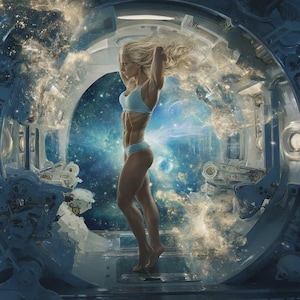 Puede incluir: Imagen digital de una mujer con ropa deportiva azul claro, en un entorno futurista. El fondo presenta una escena cósmica con nebulosas y estrellas arremolinadas. La mujer tiene el pelo rubio y levanta los brazos.