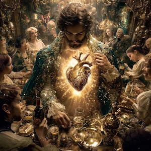 Peut inclure: Une œuvre d'art numérique représentant un homme avec un cœur lumineux, entouré de personnes à une table somptueuse. L'homme porte une veste ornée de teal et d'or. La scène est illuminée d'une lumière dorée, suggérant un thème fantastique ou historique.