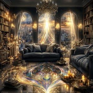 May include: An interior scene with two dark gray sofas, bookshelves, and arched windows overlooking a cityscape. The floor features a colorful, swirling pattern. A chandelier and candles provide warm lighting.