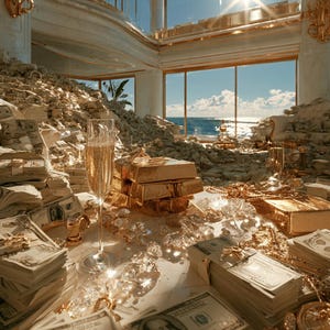 May include: A luxurious interior scene featuring stacks of US hundred-dollar bills, gold bars, scattered diamonds, and gold chains on a marble surface. A tall glass of champagne stands prominently, with a bright sunlit ocean view in the background.