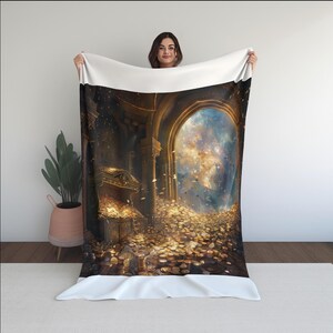 Pode incluir: Um baú do tesouro de ouro está aberto em uma sala com um grande arco que leva a um céu estrelado. O baú está cheio de moedas de ouro.