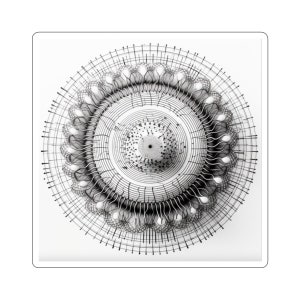 May include: A black and white abstract geometric design with a circular pattern. The design features concentric circles and radiating lines.