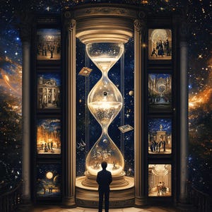 Peut inclure: Un grand sablier central rempli de poussière d'étoiles brillante et de petites planètes se dresse entre deux colonnes ornées. Une personne en costume sombre se tient devant, entourée de huit scènes rectangulaires encadrées montrant divers décors.