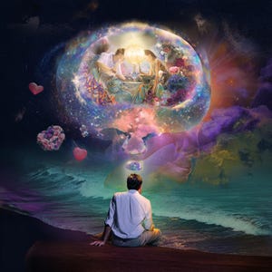 May include: A digital art piece depicting a person sitting on a rock by the ocean, gazing upwards. Above, a vibrant, swirling galaxy-like sphere contains figures and flowers. Floating hearts and a dreamy, colorful sky complete the scene.