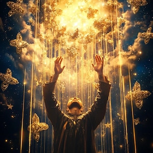 May include: A person with arms raised in prayer, standing beneath a shower of golden butterflies and stars against a dark blue sky.
