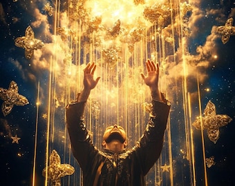 May include: A person with arms raised in prayer, standing beneath a shower of golden butterflies and stars against a dark blue sky.
