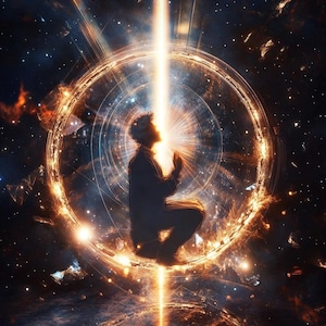 Può includere: Opera d'arte digitale raffigurante una silhouette in posa meditativa, illuminata da un raggio di luce brillante. La figura è circondata da un design circolare luminoso su uno sfondo cosmico di stelle e nebulose, creando un tema spirituale o fantascientifico.