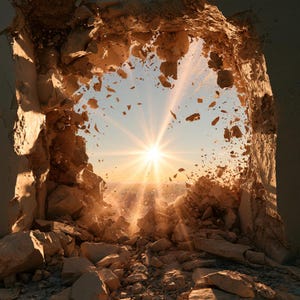 Puede incluir: Un gran agujero irregular en una gruesa pared de hormigón beige revela un brillante resplandor solar dorado que atraviesa la abertura. Numerosos fragmentos de piedra rota y escombros quedan suspendidos en el aire alrededor de los bordes.