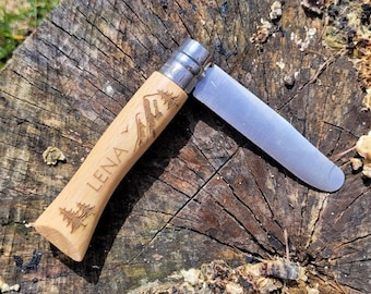 Personalized Opinel pocket knife for children, gift, Sabrina's wooden magic
