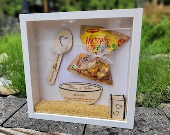 Wedding gift: Picture frame including wedding pasta, engraved spoon and engraved bowl, money gift, Sabrina's HolzZauber