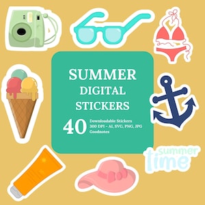 Summer Printable Stickers, Perfect for your planner, Digital GoodNotes Summer png, Stickers Set, Enjoy our colorful digital summer stickers