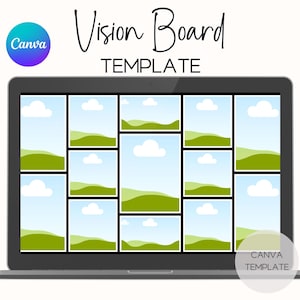 May include: A laptop screen displaying a vision board template. The template is divided into rectangular sections, each showing a landscape of green hills, blue skies, and white clouds. The words "Vision Board TEMPLATE" are written above the screen.