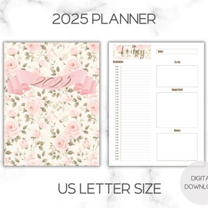Chic 2025 Coquette Rose Planner Descarga instantánea Imprimible, Diario, Mes de un vistazo, Tamaño carta