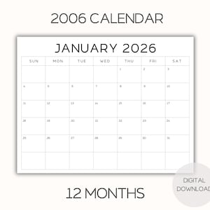 Minimal 2026 Monthly Calendar, 12 Months, Instant Digital Download, 8 1/2x11 PDF | Free Monthly Habit Tracker with Purchase