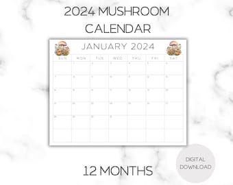 2024 Mushroom Monthly Calendar, Instant Digital Download, 8 1/2x11 PDF