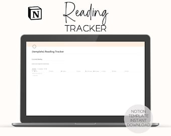 以下が含まれることがあります： 読書トラッカー用のNotionテンプレートが表示されたラップトップコンピューター。テンプレートのタイトルは「[template] Reading Tracker」で、「Currently Reading」のセクションがあります。ラップトップは白い表面に置かれ、右下隅には「NOTION TEMPLATE INSTANT DOWNLOAD」というテキストが表示されています。