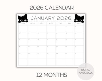 May include: A white 2026 calendar with black text and cat illustrations. The calendar displays the month of January with the days of the week across the top. The words "2026 Calendar" and "12 Months" are also visible.