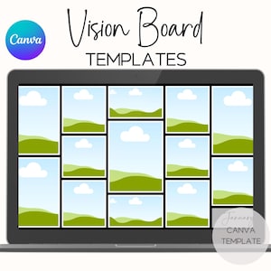 May include: A laptop screen displaying a vision board template. The screen is divided into rectangular sections, each showing a landscape with blue skies and green hills. The text "Vision Board TEMPLATES" is at the top, with "Canva" and "January CANVA TEMPLATE" logos.